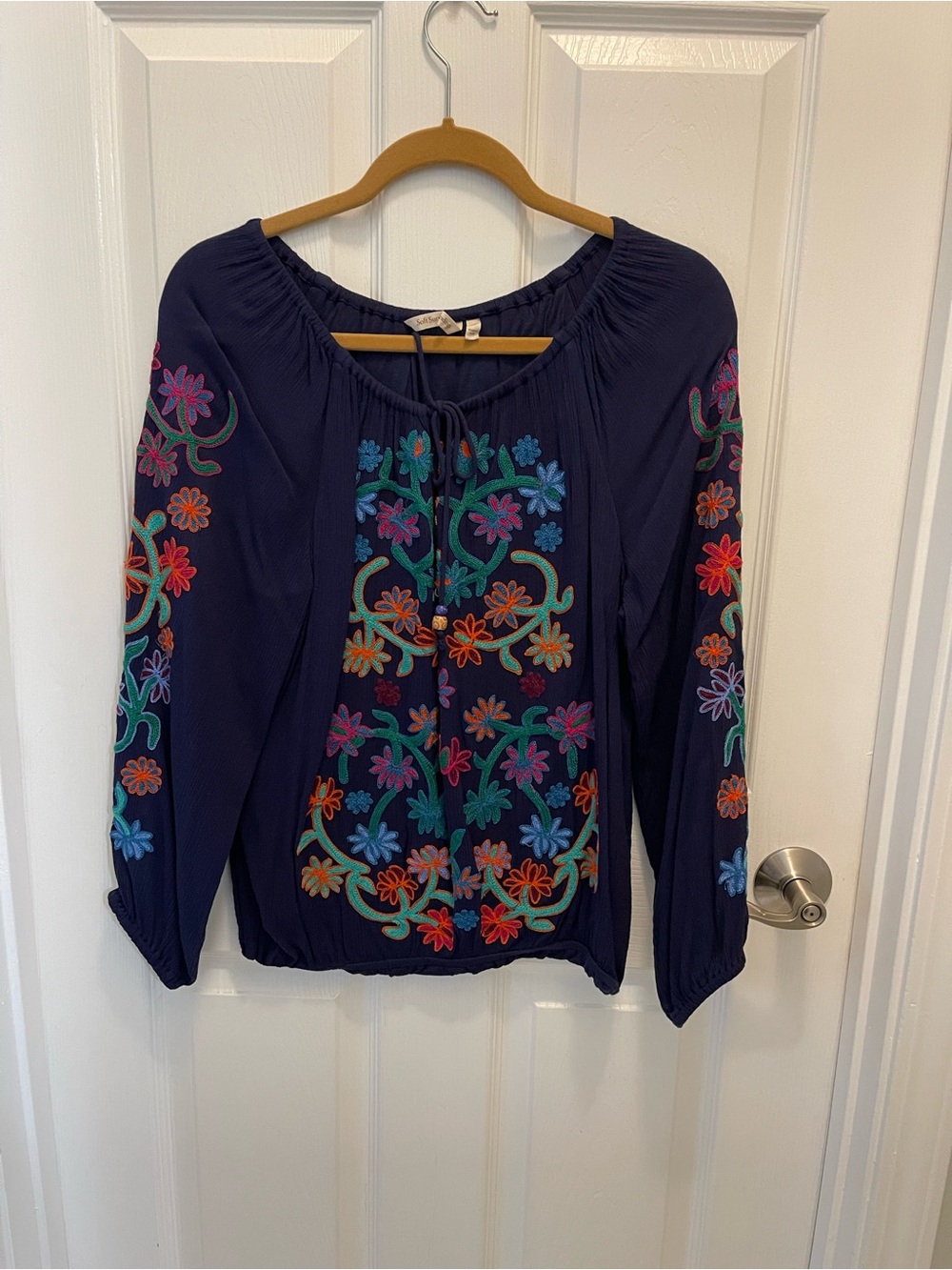 Soft Surroundings Shirt Navy Peasant Top with Multicolor Floral Embroidery M